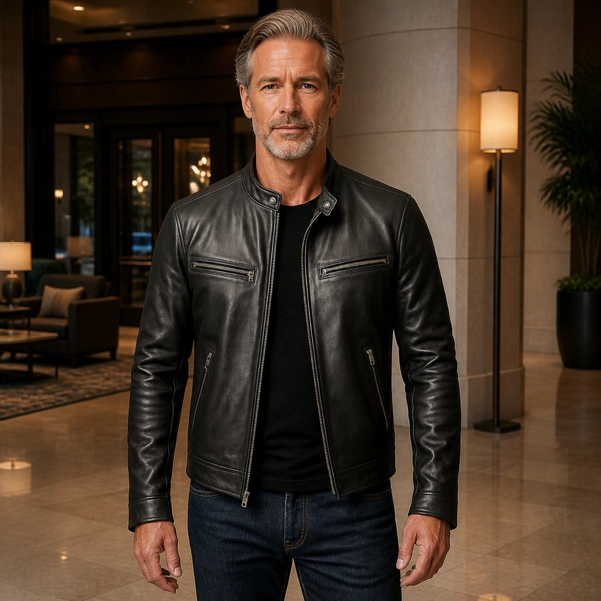Black cafe racer leather jacket front — view 2