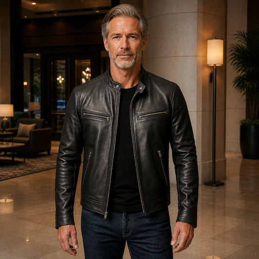Black cafe racer leather jacket front — view 2