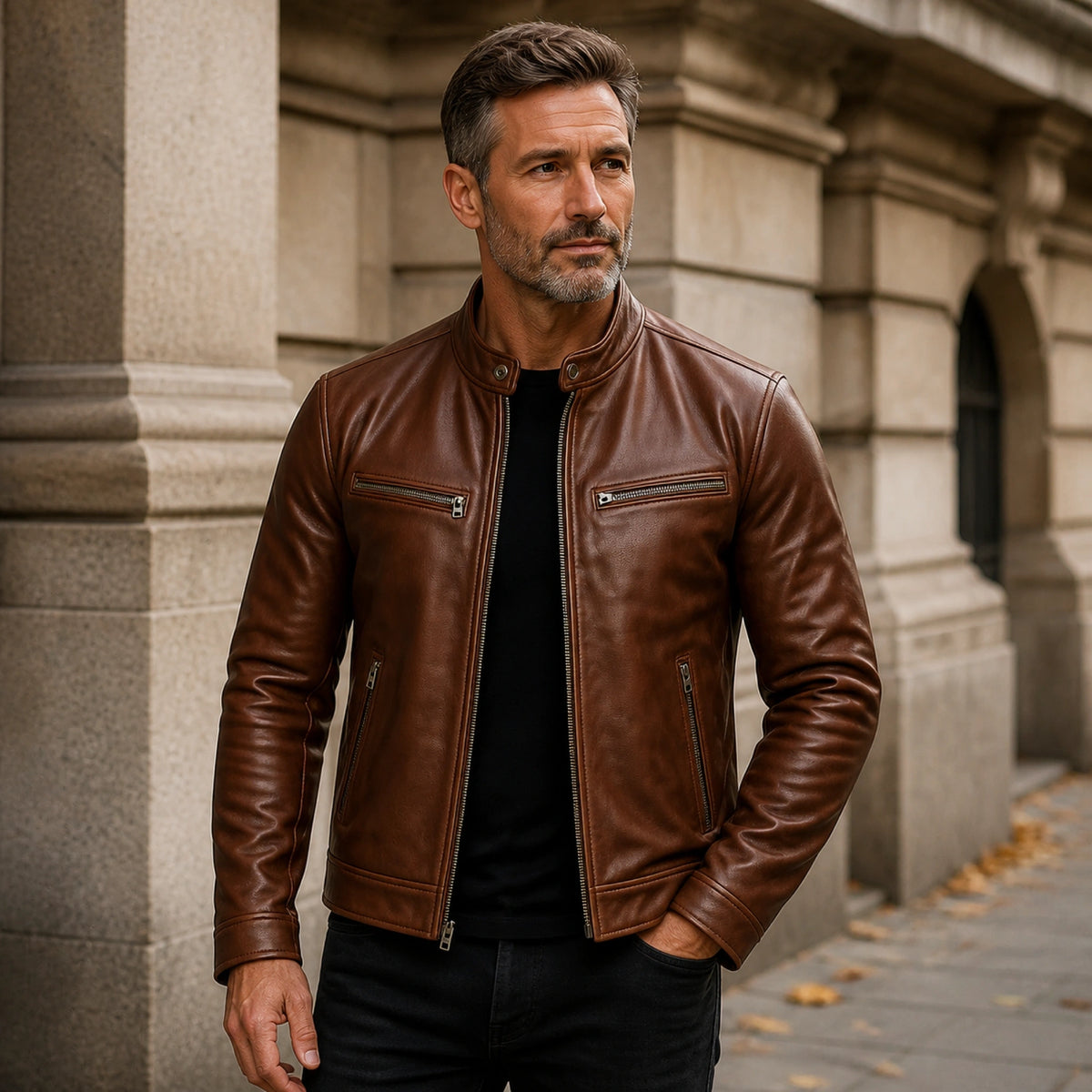 Cognac Brown cafe racer leather jacket front — view 3