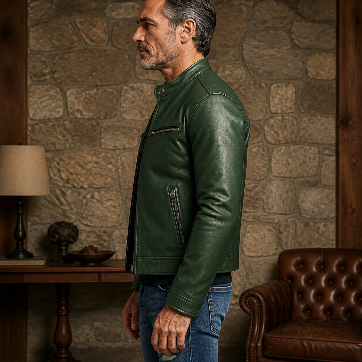 Forest Green cafe racer leather jacket side view — view 4