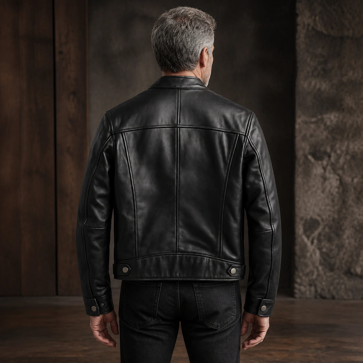 Black cafe racer leather jacket rear view — view 5