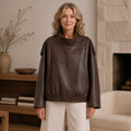 Chocolate Brown oversized funnel neck faux leather jacket front