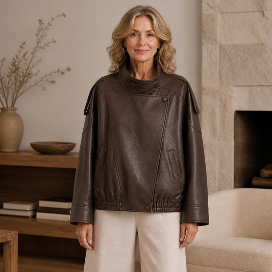 Chocolate Brown oversized funnel neck faux leather jacket front