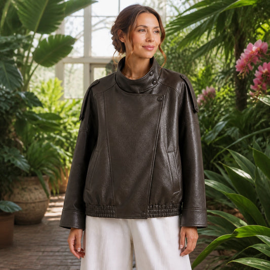 Dark Olive oversized funnel neck faux leather jacket front — view 2