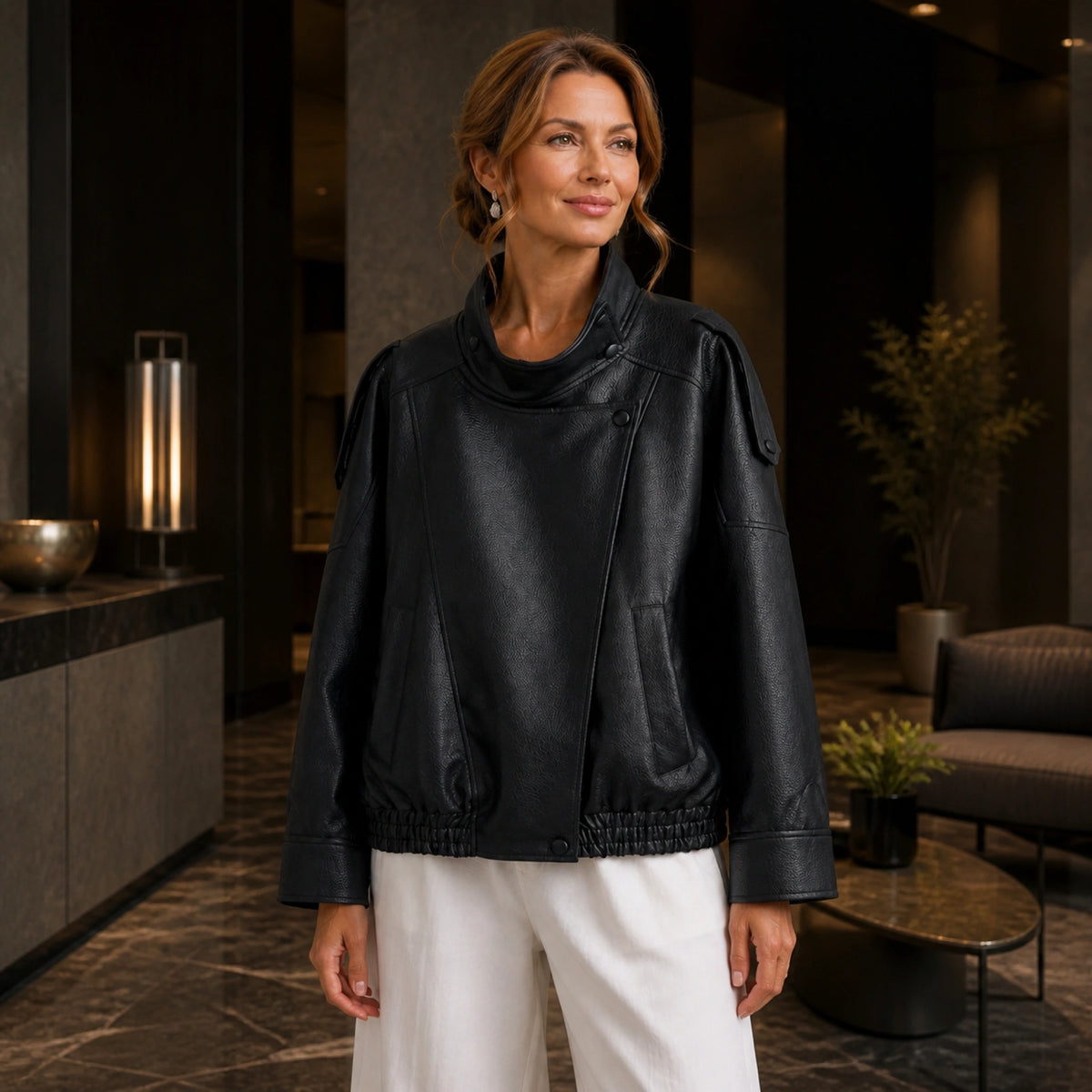 Black oversized funnel neck faux leather jacket front — view 3