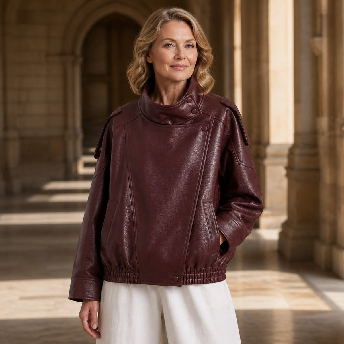 Deep Burgundy oversized funnel neck faux leather jacket front — view 4
