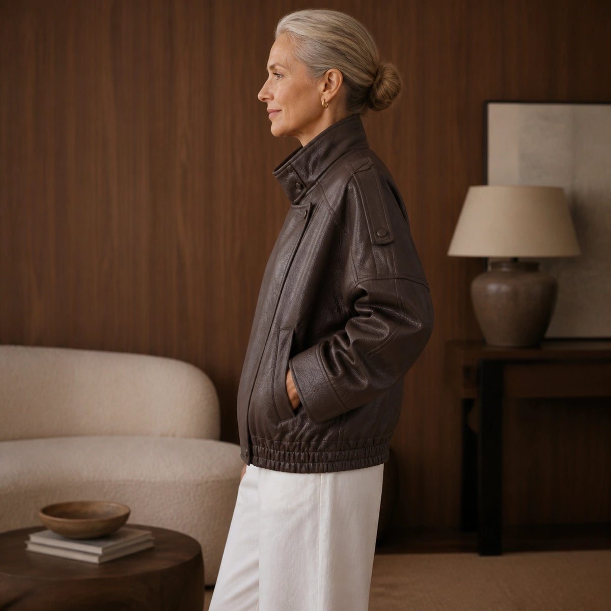 leather jacket — Chocolate Brown oversized jacket side view — view 5