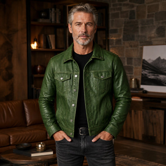 leather jacket — Forest Green button front leather trucker jacket