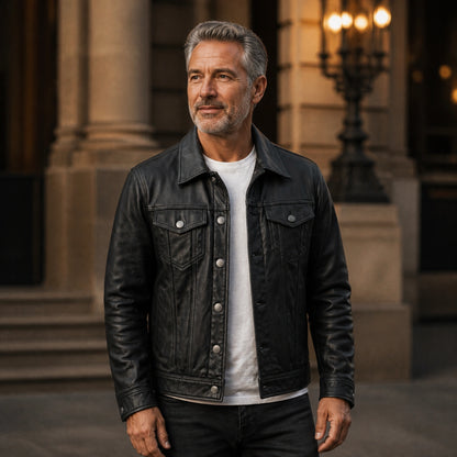leather jacket — Black button front leather trucker jacket — view 2
