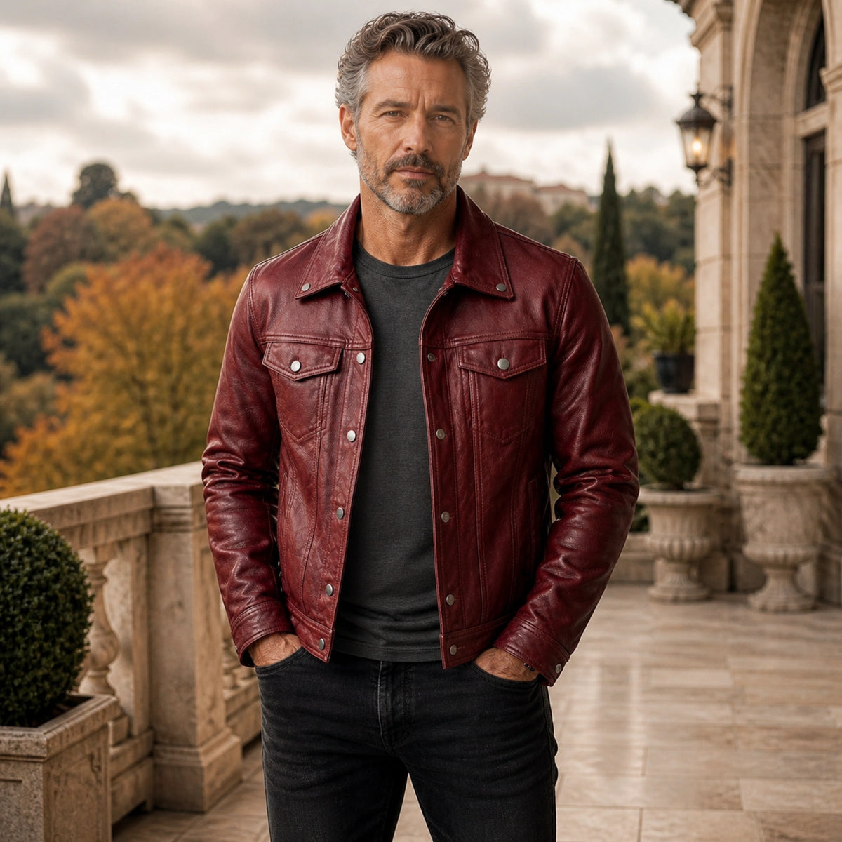 leather jacket — Deep Burgundy button front leather trucker jacket — view 3