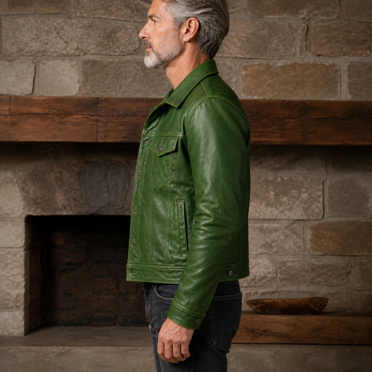 leather jacket — Forest Green leather trucker jacket side view — view 4
