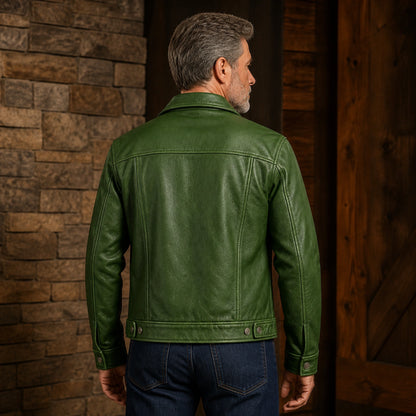 leather jacket — Forest Green leather trucker jacket rear view — view 5