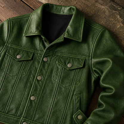 leather jacket — Forest Green leather trucker jacket construction detail — view 6