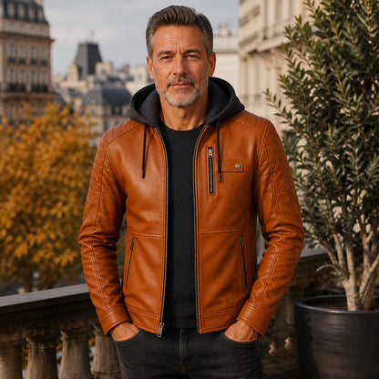 Cognac Brown hooded leather jacket front — view 2