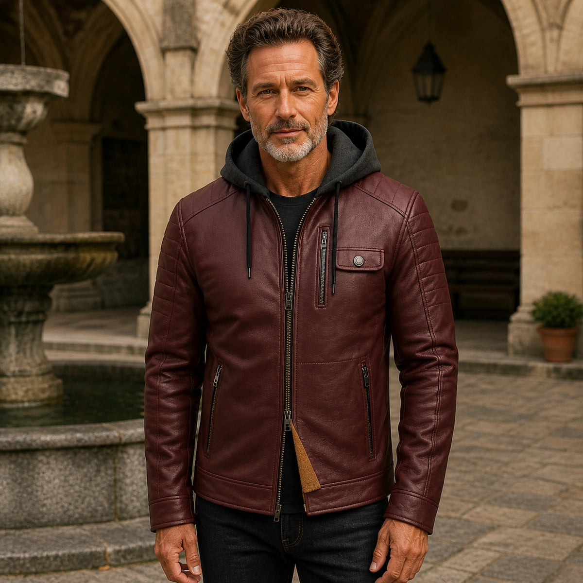 Deep Plum Brown hooded leather jacket front — view 4