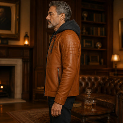 Cognac Brown hooded leather jacket side view — view 5