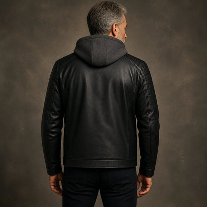 Black hooded leather jacket rear view — view 6
