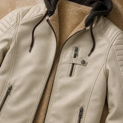 Ivory White hooded leather jacket construction detail — view 7