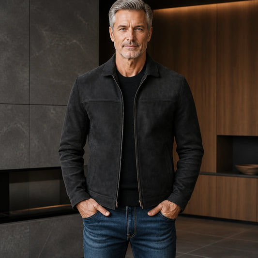 Black minimalist shirt collar leather jacket front — view 2