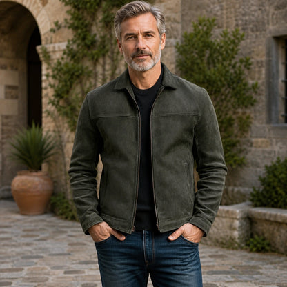 Military Green minimalist shirt collar leather jacket front — view 3
