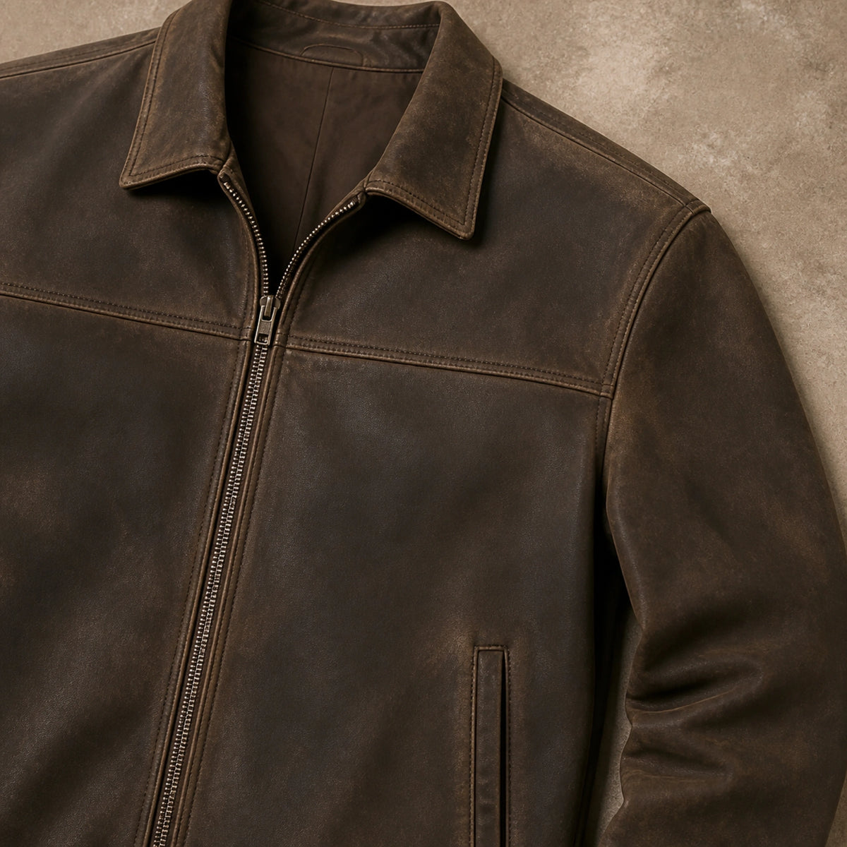 Vintage Brown leather jacket construction detail — view 6