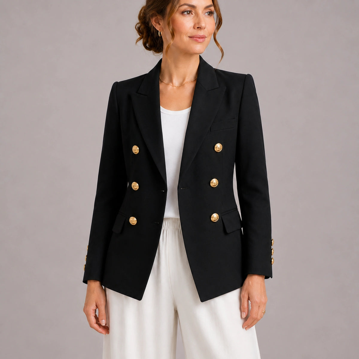 leather jacket — Black double breasted tailored blazer front
