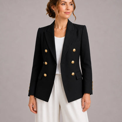 leather jacket — Black double breasted tailored blazer front