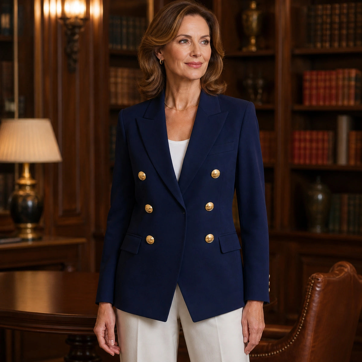 leather jacket — Navy Blue double breasted tailored blazer front — view 2