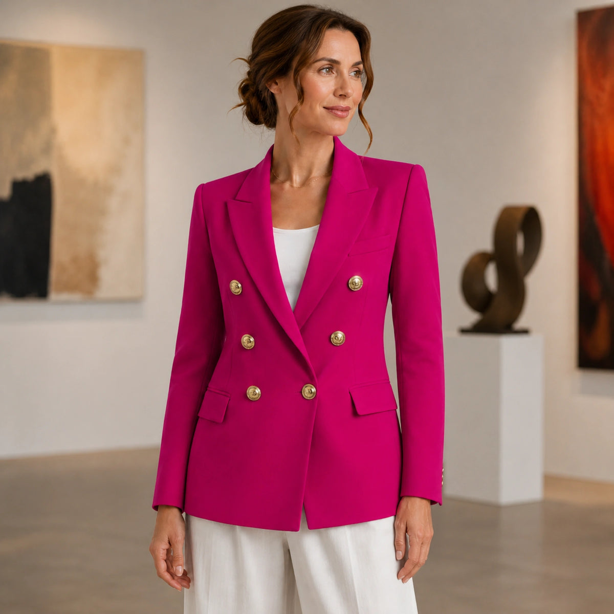 leather jacket — Fuchsia Pink double breasted tailored blazer front — view 4