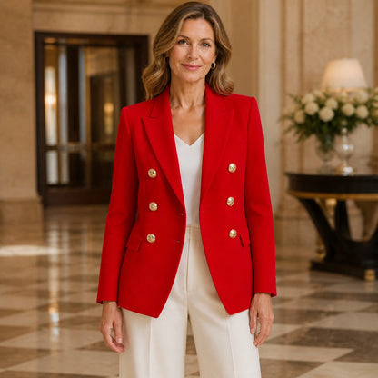 leather jacket — Scarlet Red double breasted tailored blazer front — view 7