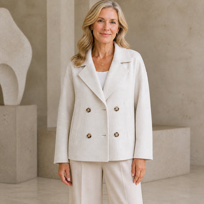 leather jacket — Ivory White cropped double breasted coat front