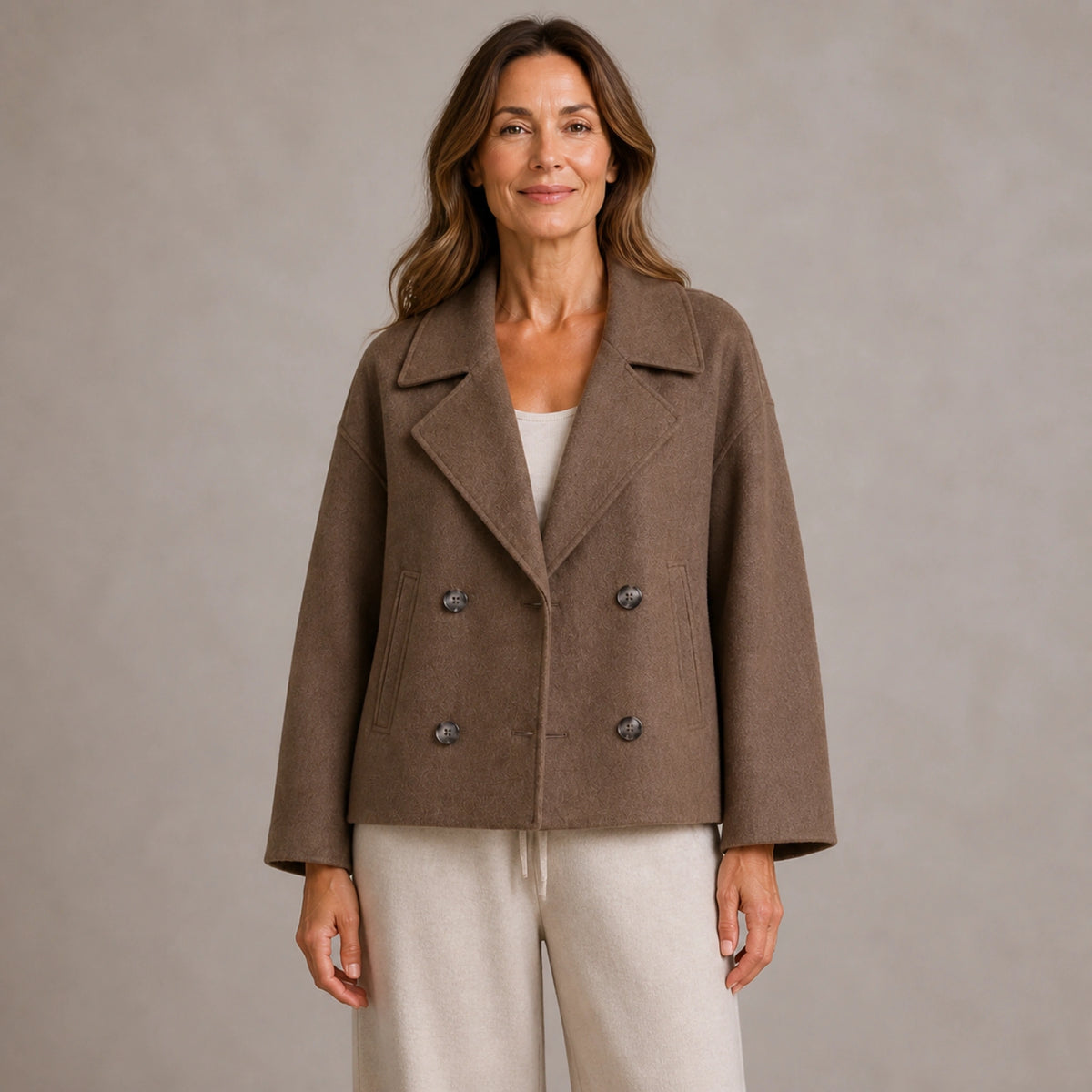 leather jacket — Taupe Brown cropped double breasted coat front — view 2