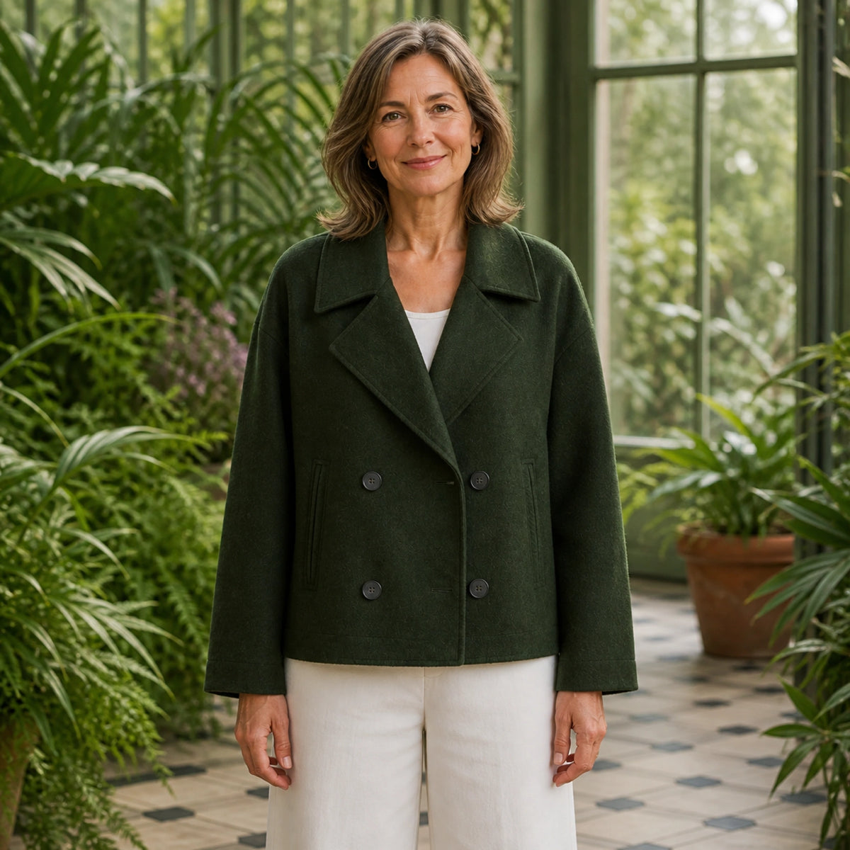 leather jacket — Forest Green cropped double breasted coat front — view 3