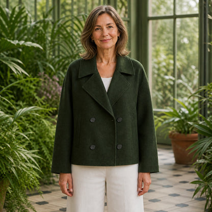 leather jacket — Forest Green cropped double breasted coat front — view 3