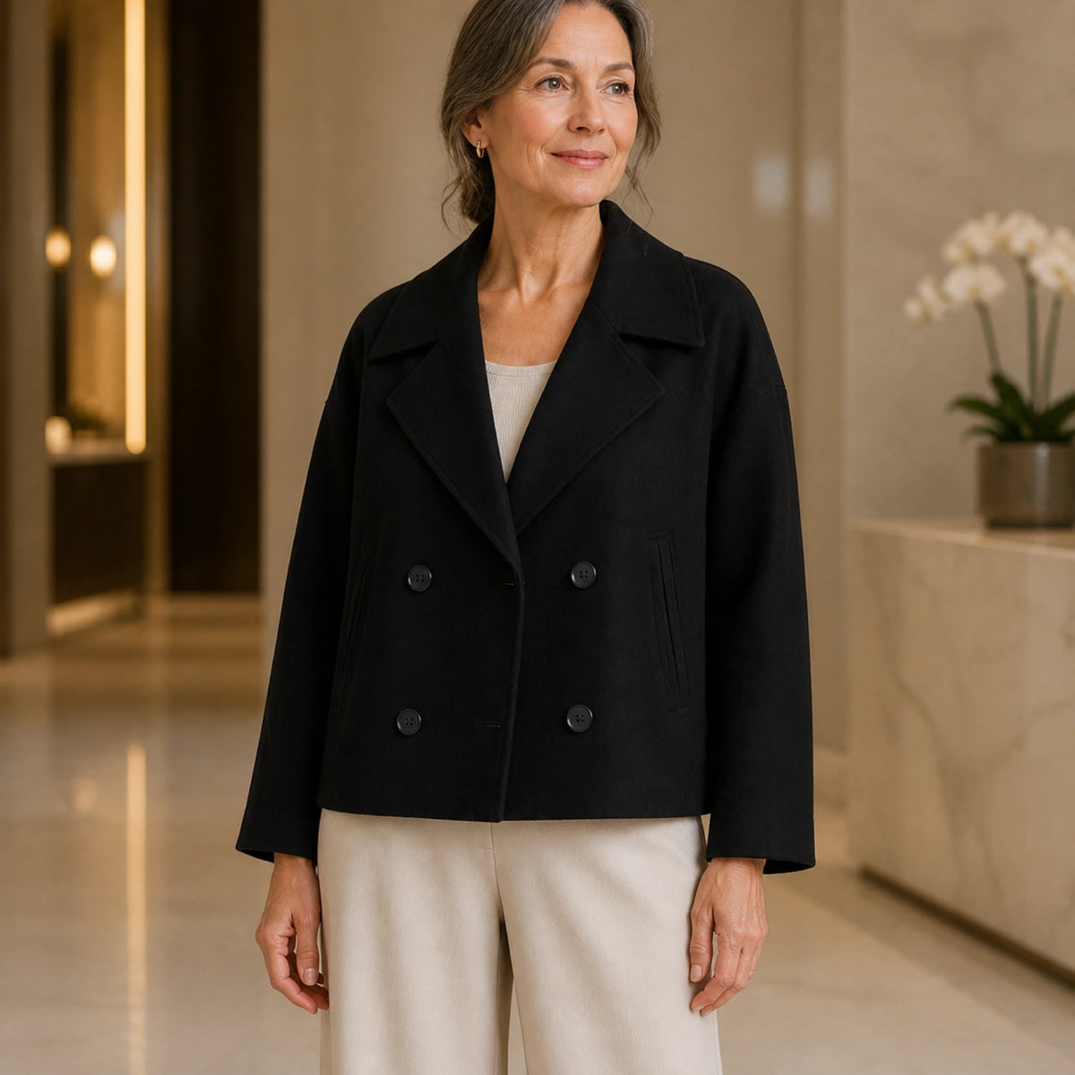 leather jacket — Black cropped double breasted coat front — view 5