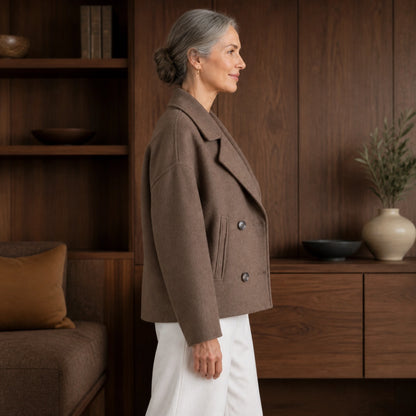 leather jacket — Taupe Brown cropped coat side view — view 6