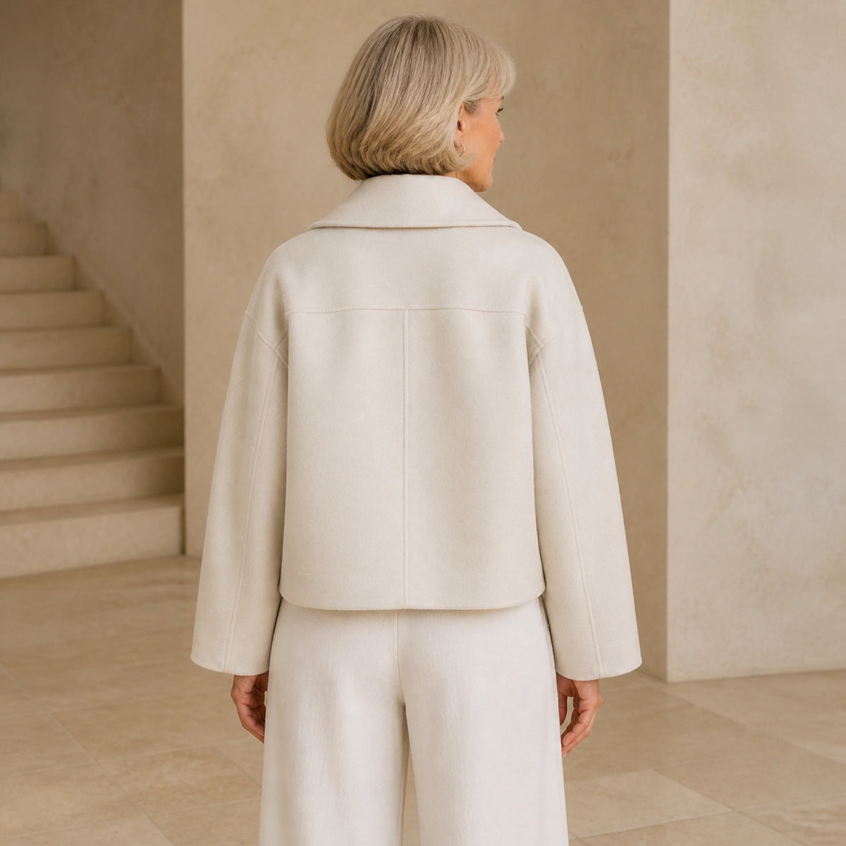 leather jacket — Ivory White cropped coat rear view — view 7