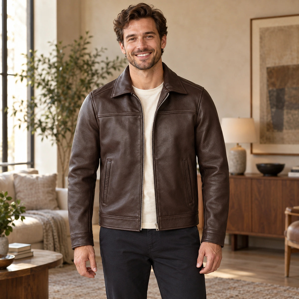 leather jacket — Jack brown front — complete product, exact reference photograph — view 2