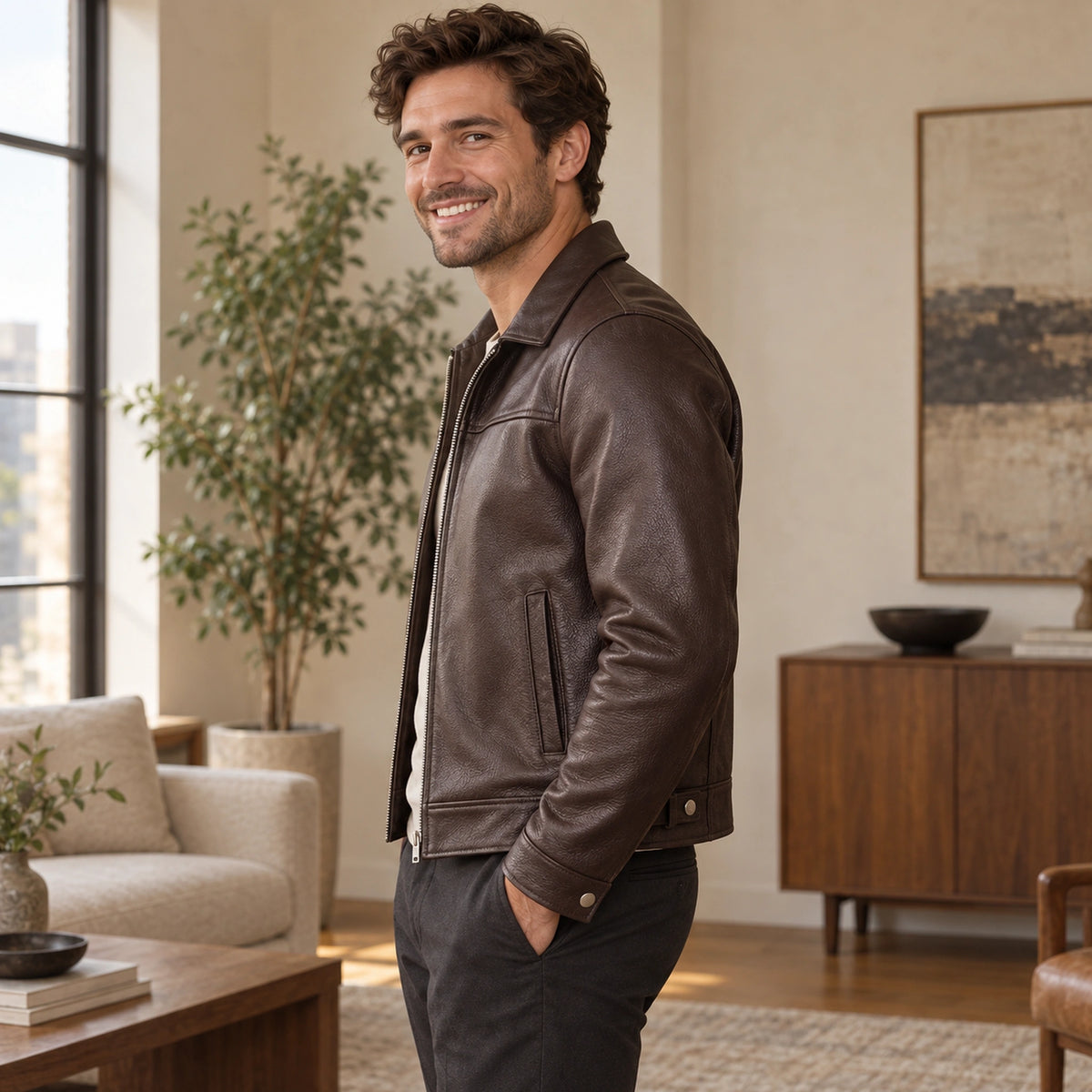 leather jacket — Jack brown side — complete product, exact reference photograph — view 3