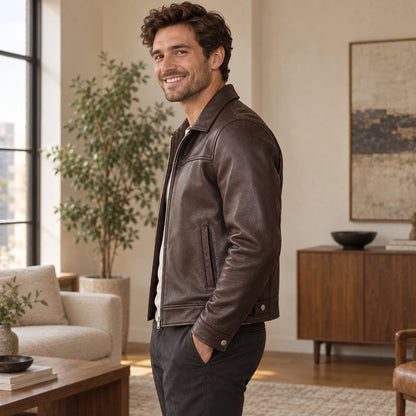 leather jacket — Jack brown side — complete product, exact reference photograph — view 3