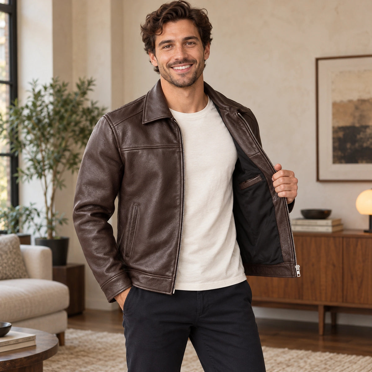 leather jacket — Jack brown lining — complete product, exact reference photograph — view 5