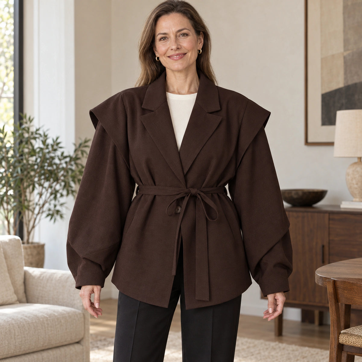 leather jacket — Lily chocolate belted front — complete product, exact reference photograph — view 3