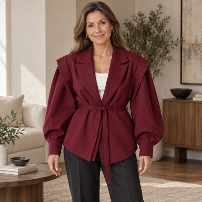 leather jacket — Lily burgundy belted front — complete product, exact reference photograph — view 5