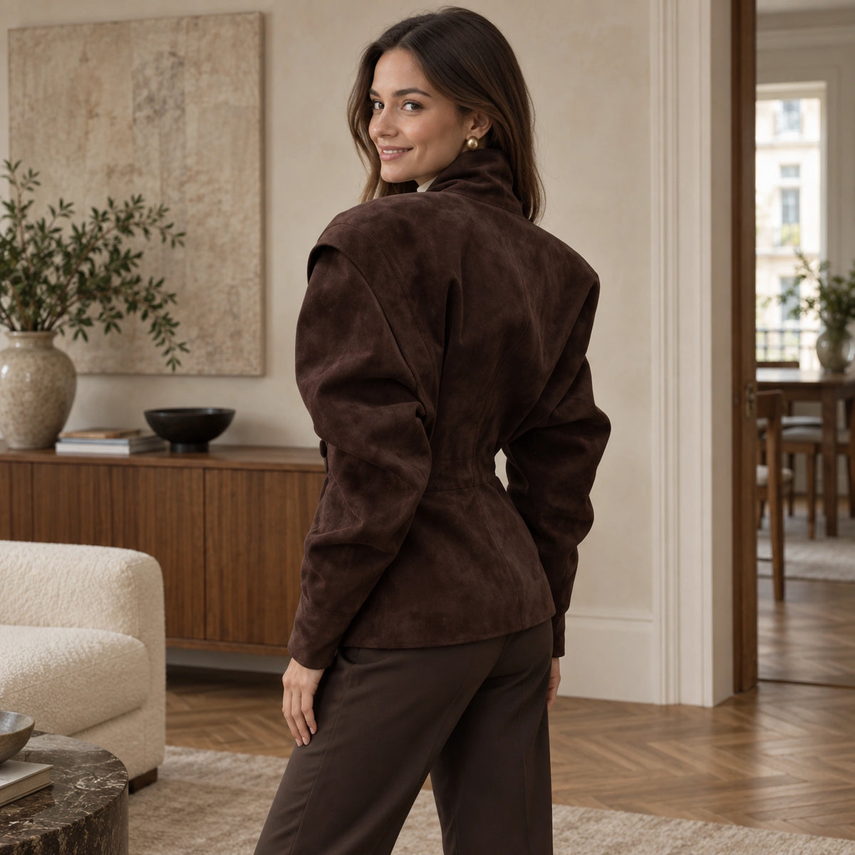 leather jacket — Lily chocolate sculpted back — complete product, exact reference photograph — view 7