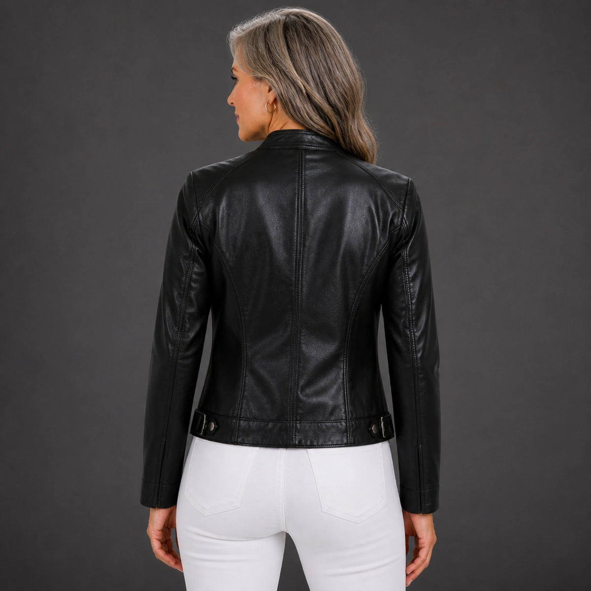 leather jacket — Black racer jacket rear view — view 7