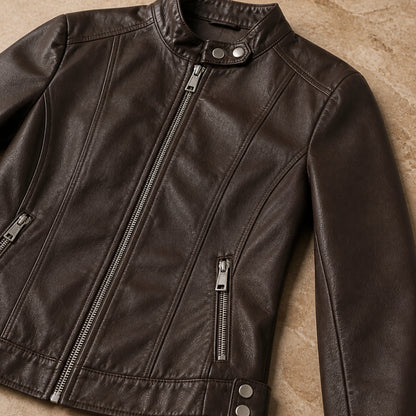 leather jacket — Dark Brown racer jacket detail — view 8