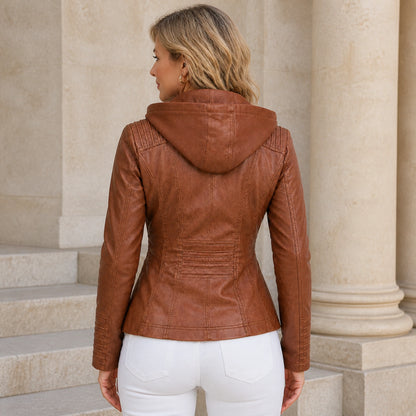 leather jacket — Cognac Brown hooded jacket rear view — view 4