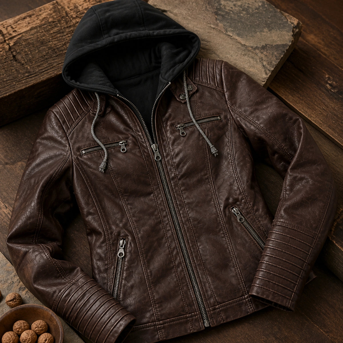 leather jacket — Dark Brown hooded jacket detail — view 5