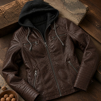 leather jacket — Dark Brown hooded jacket detail — view 5
