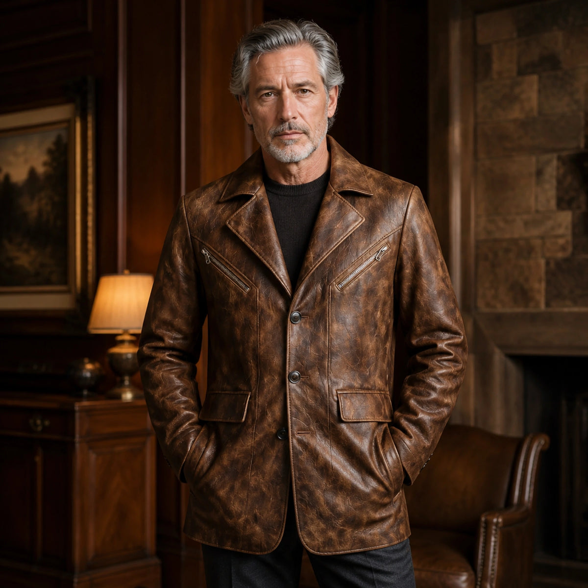 leather jacket — Distressed Brown leather blazer jacket front